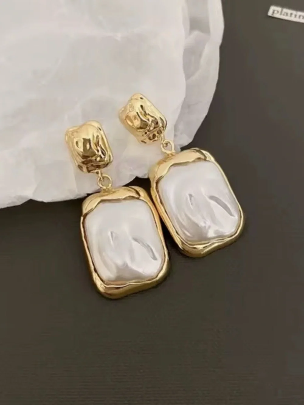 *** Chunky Gold Drop Earrings with Iridescent White Pearl Accent